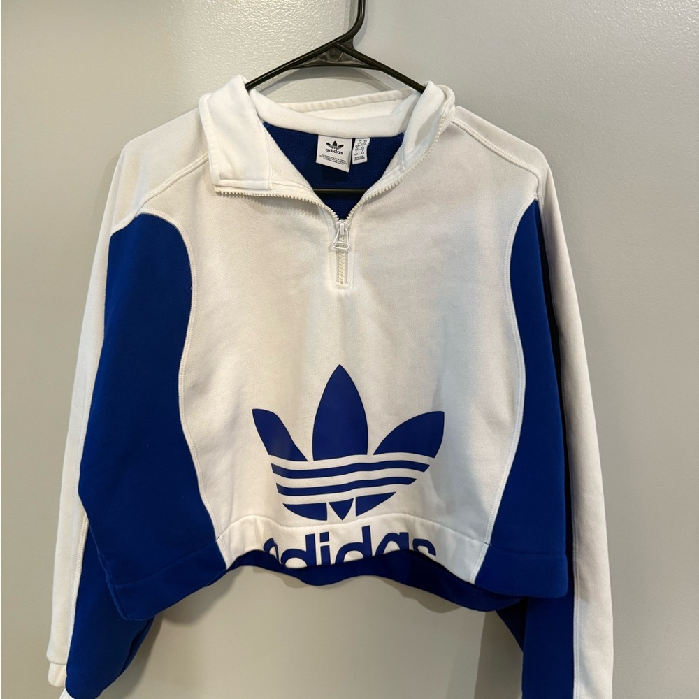 Adidas White and Blue Cropped Hoodie